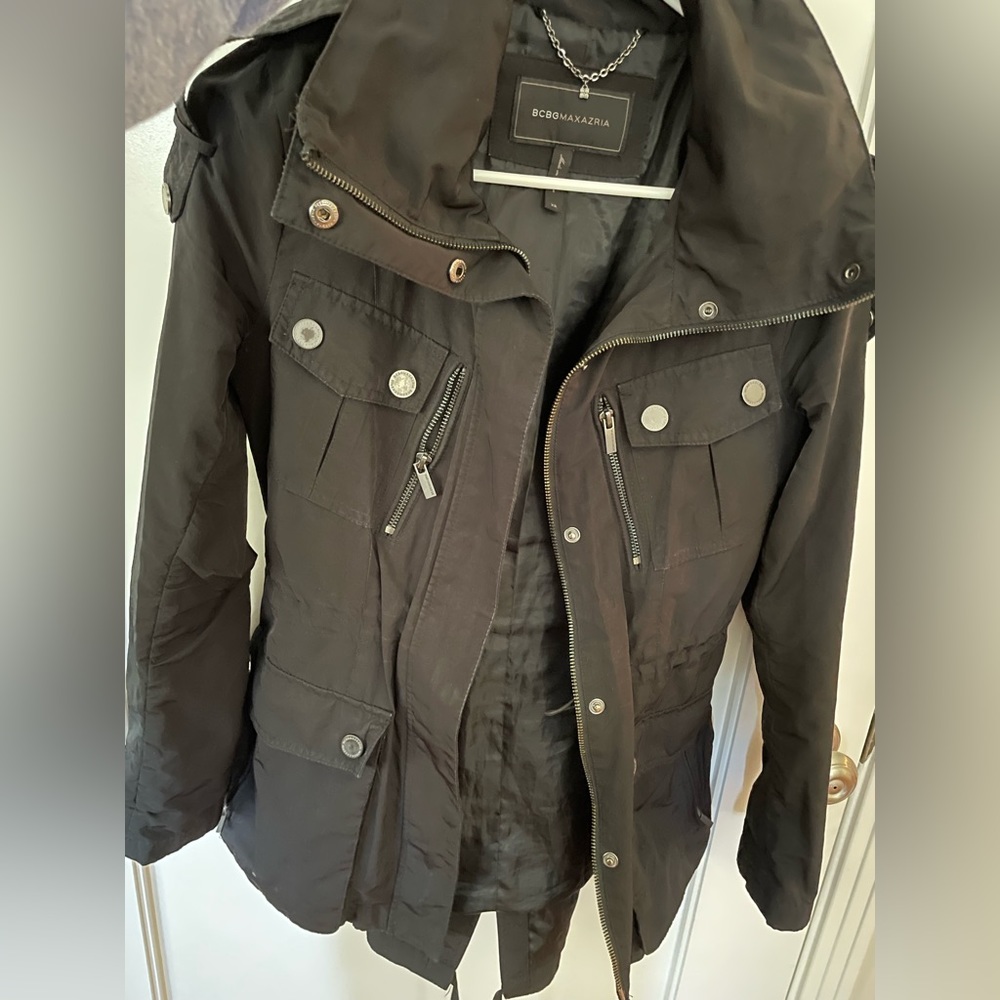 BCBG Convertible Rain Jacket with hide away hood